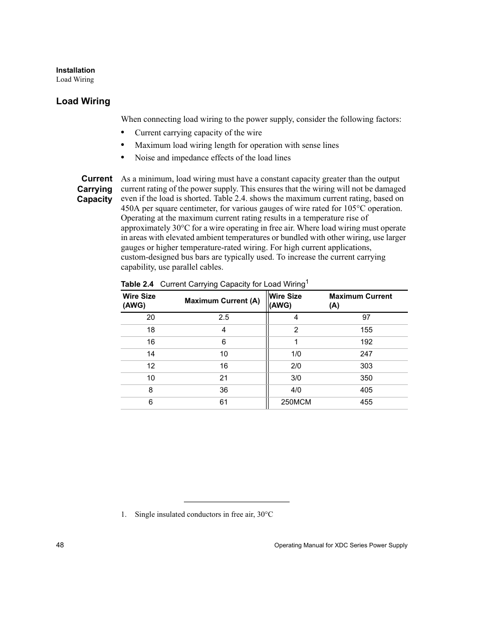 Load wiring, Current carrying capacity, Table 2.4 | Current carrying capacity for load wiring | Xantrex Technology XDC User Manual | Page 50 / 254