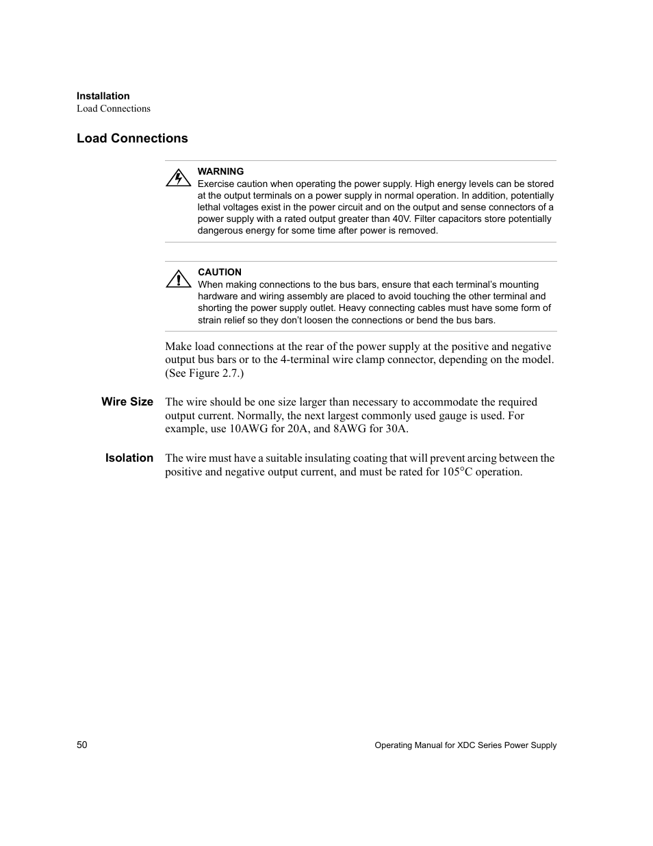 Load connections, Wire size, Isolation | Wire size isolation | Xantrex Technology XDC User Manual | Page 52 / 254