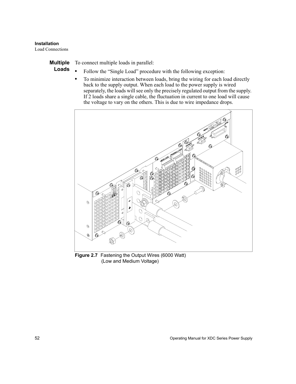 Multiple loads, Figure 2.7 fastening the output wires (6000watt), Figure 2.7 | Fastening the output wires (6000 watt) | Xantrex Technology XDC User Manual | Page 54 / 254