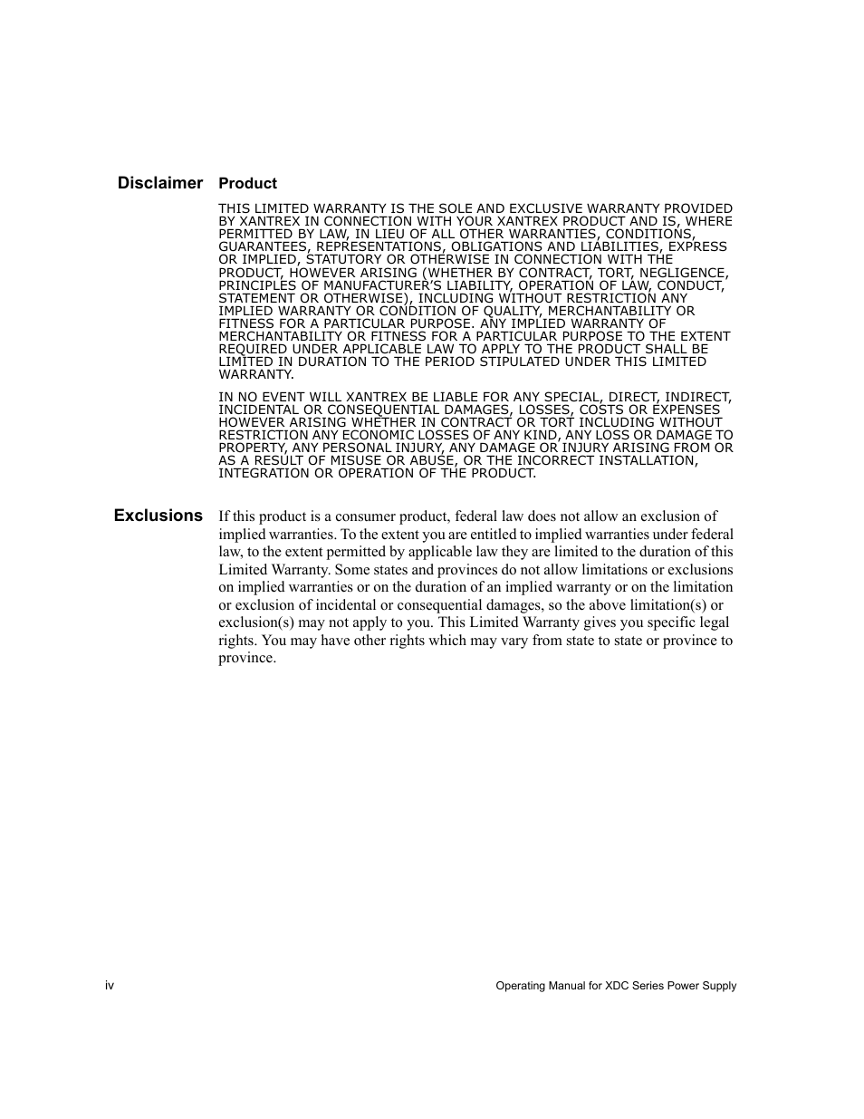 Disclaimer, Exclusions | Xantrex Technology XDC User Manual | Page 6 / 254