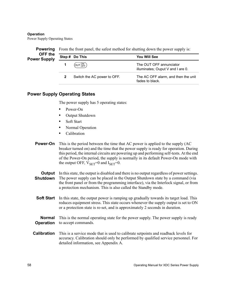 Powering off the power supply, Power supply operating states, Power-on | Output shutdown, Soft start, Normal operation, Calibration | Xantrex Technology XDC User Manual | Page 60 / 254