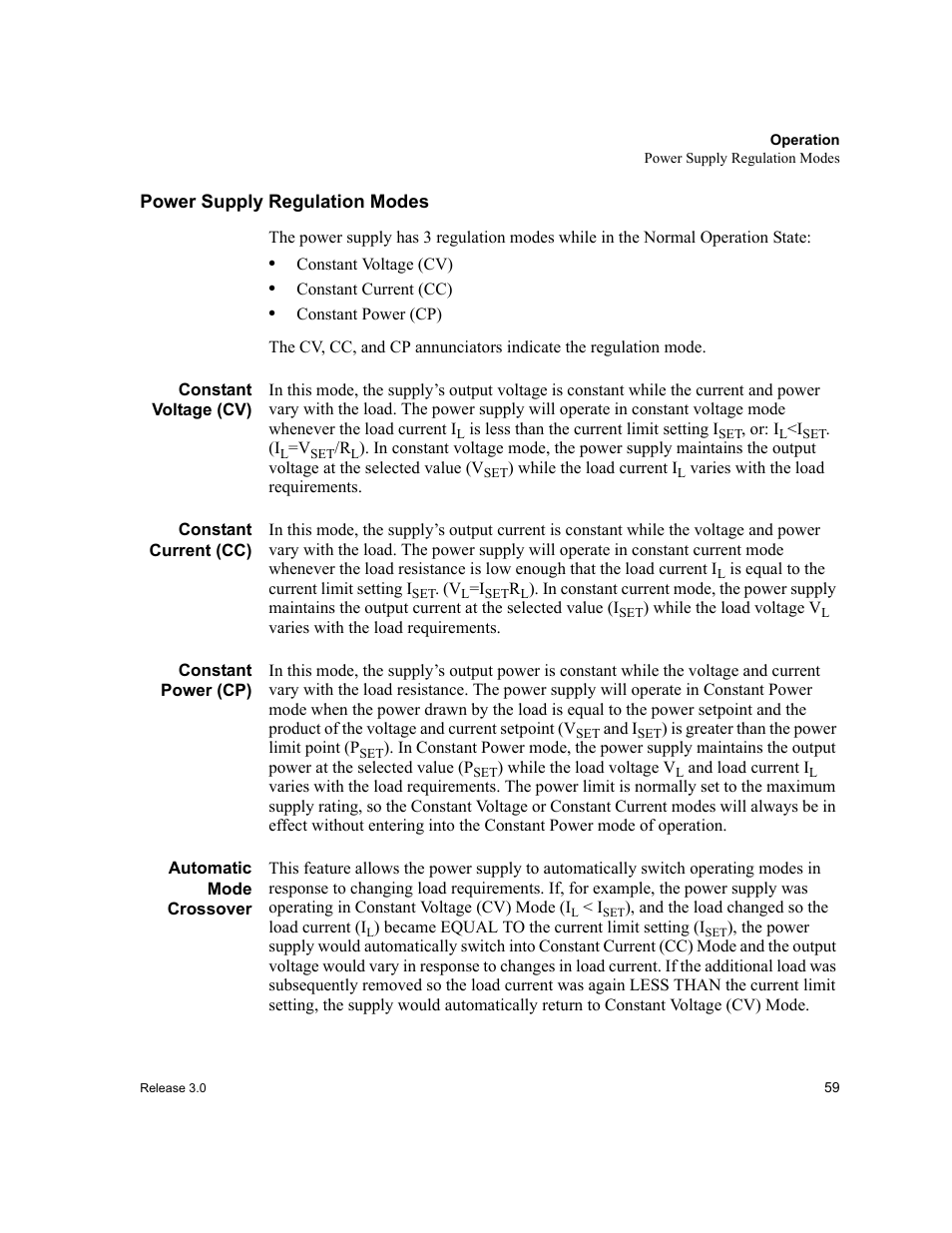 Power supply regulation modes, Constant voltage (cv), Constant current (cc) | Constant power (cp), Automatic mode crossover | Xantrex Technology XDC User Manual | Page 61 / 254