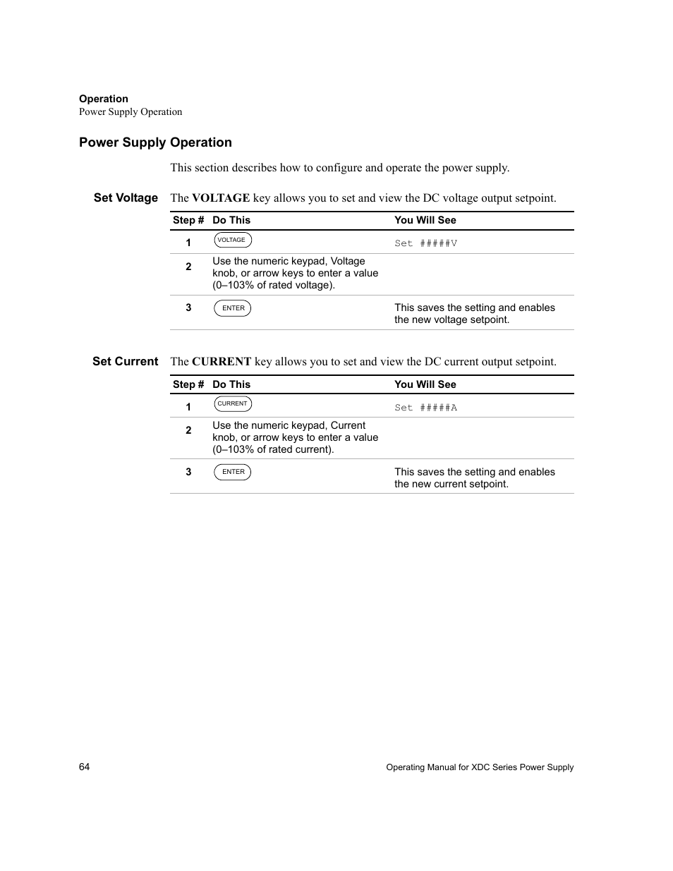 Power supply operation, Set voltage, Set current | Set voltage set current | Xantrex Technology XDC User Manual | Page 66 / 254