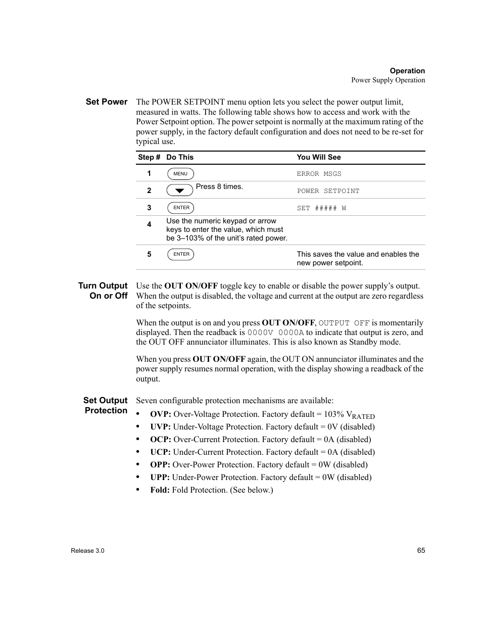 Set power, Turn output on or off, Set output protection | Set output | Xantrex Technology XDC User Manual | Page 67 / 254