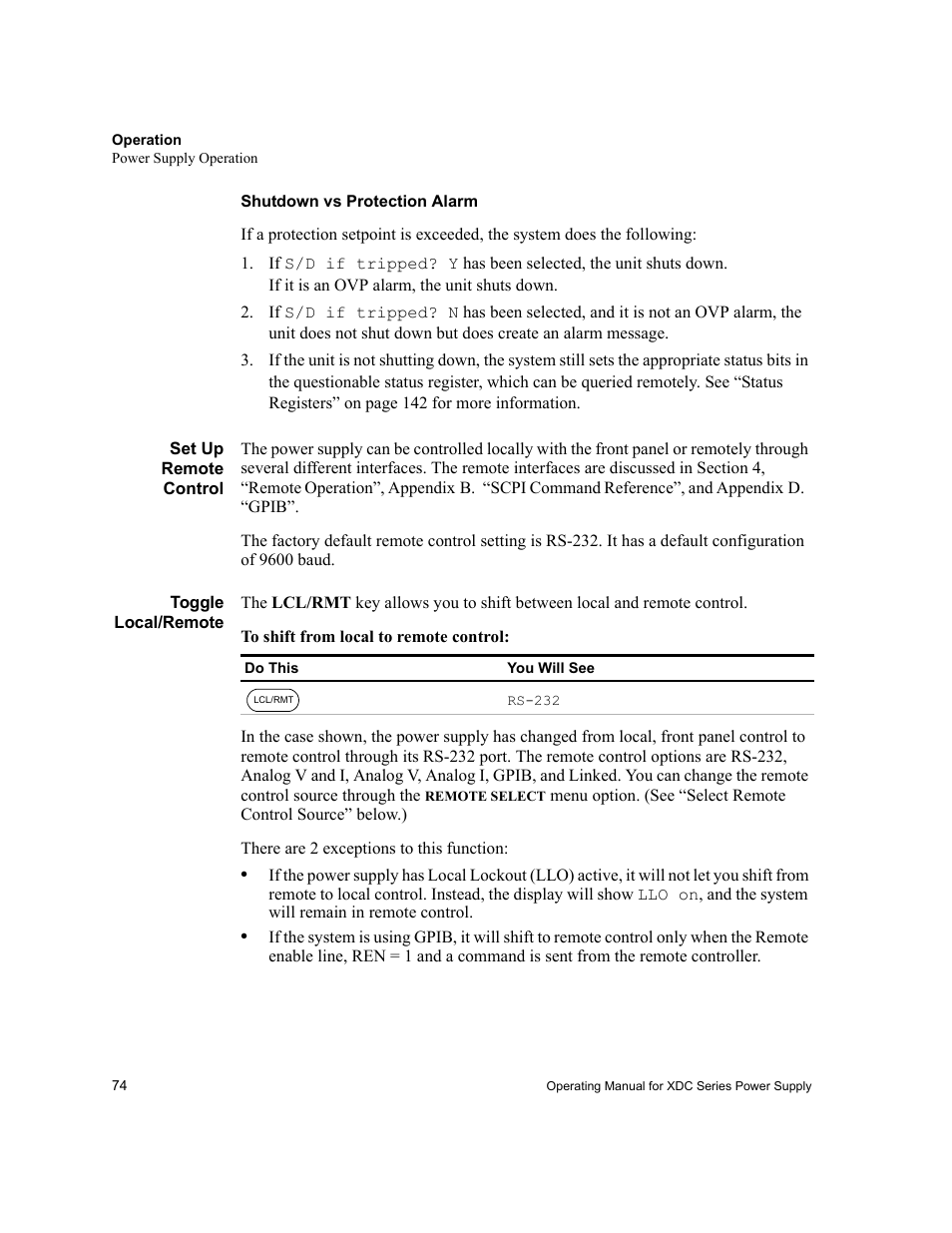 Shutdown vs protection alarm, Set up remote control, Toggle local/remote | Set up remote control toggle local/remote | Xantrex Technology XDC User Manual | Page 76 / 254