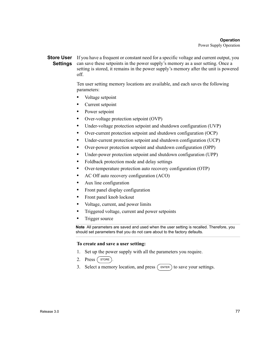 Store user settings, Note, Press | Gs. (see “store user settings” on | Xantrex Technology XDC User Manual | Page 79 / 254