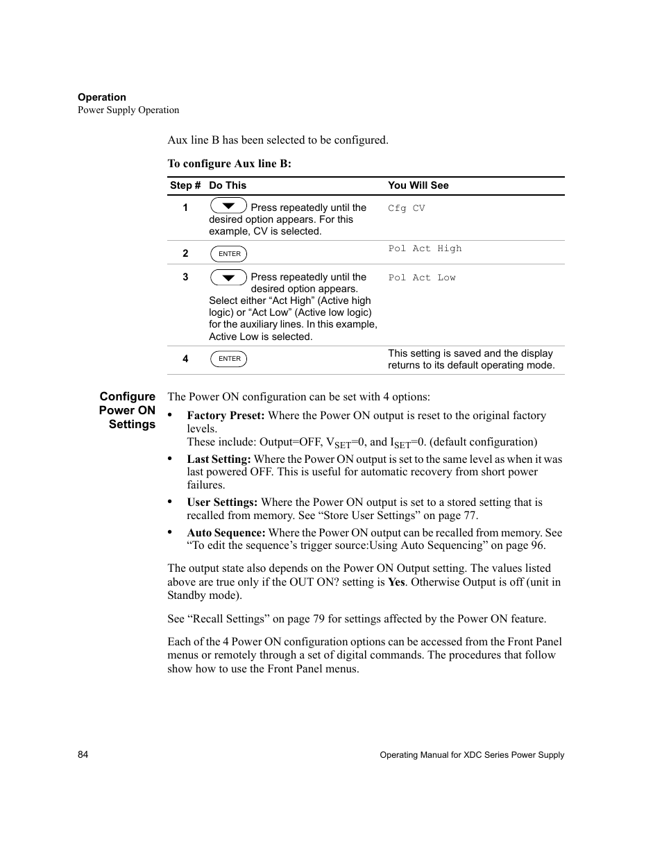 Configure power on settings, See “configure power on | Xantrex Technology XDC User Manual | Page 86 / 254