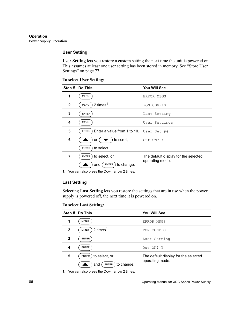 User setting, Last setting | Xantrex Technology XDC User Manual | Page 88 / 254