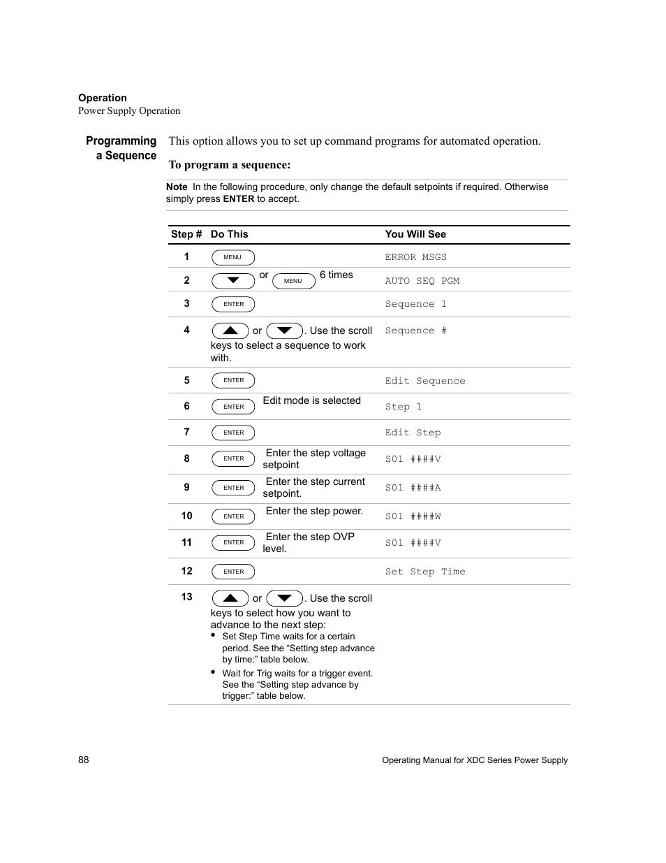 Programming a sequence, Note | Xantrex Technology XDC User Manual | Page 90 / 254