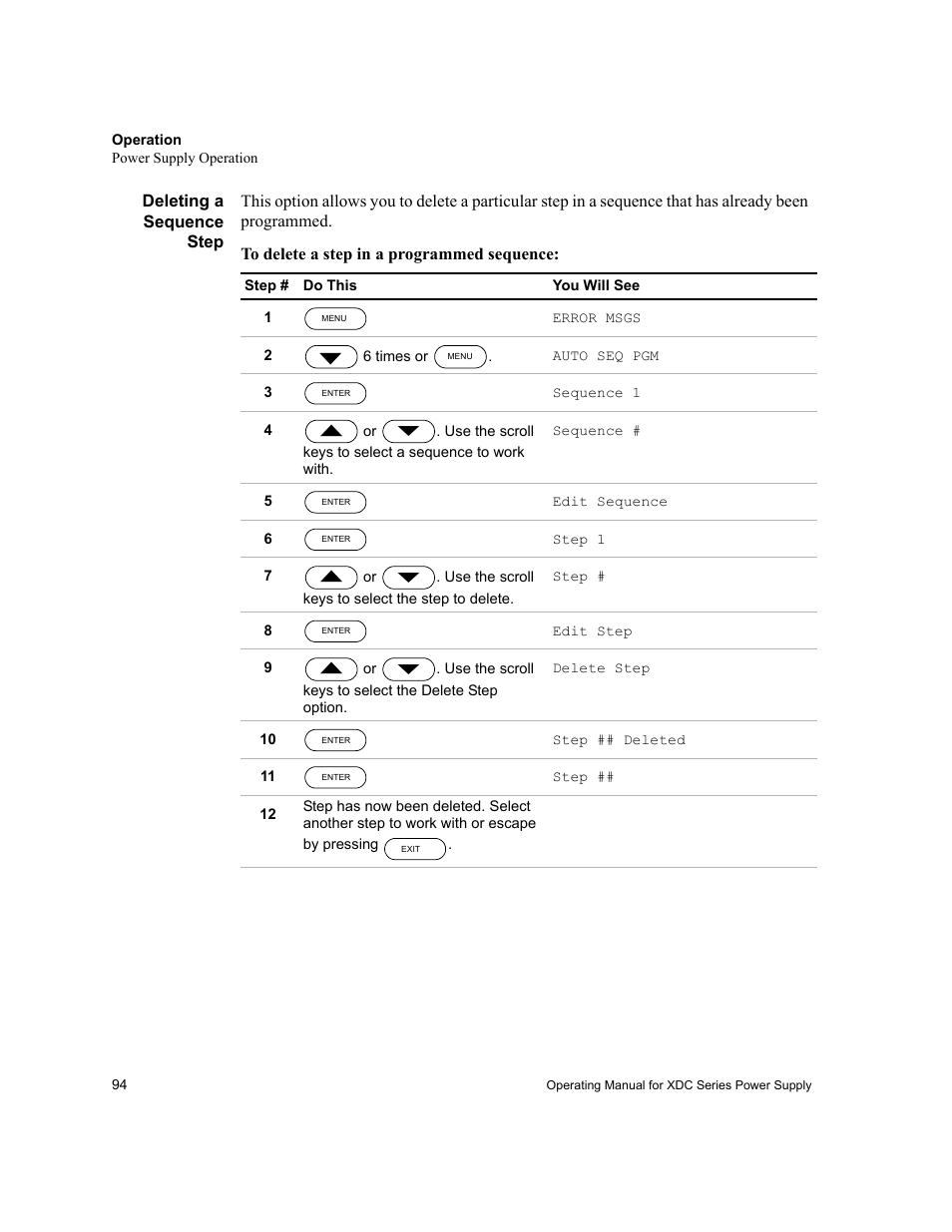 Deleting a sequence step | Xantrex Technology XDC User Manual | Page 96 / 254