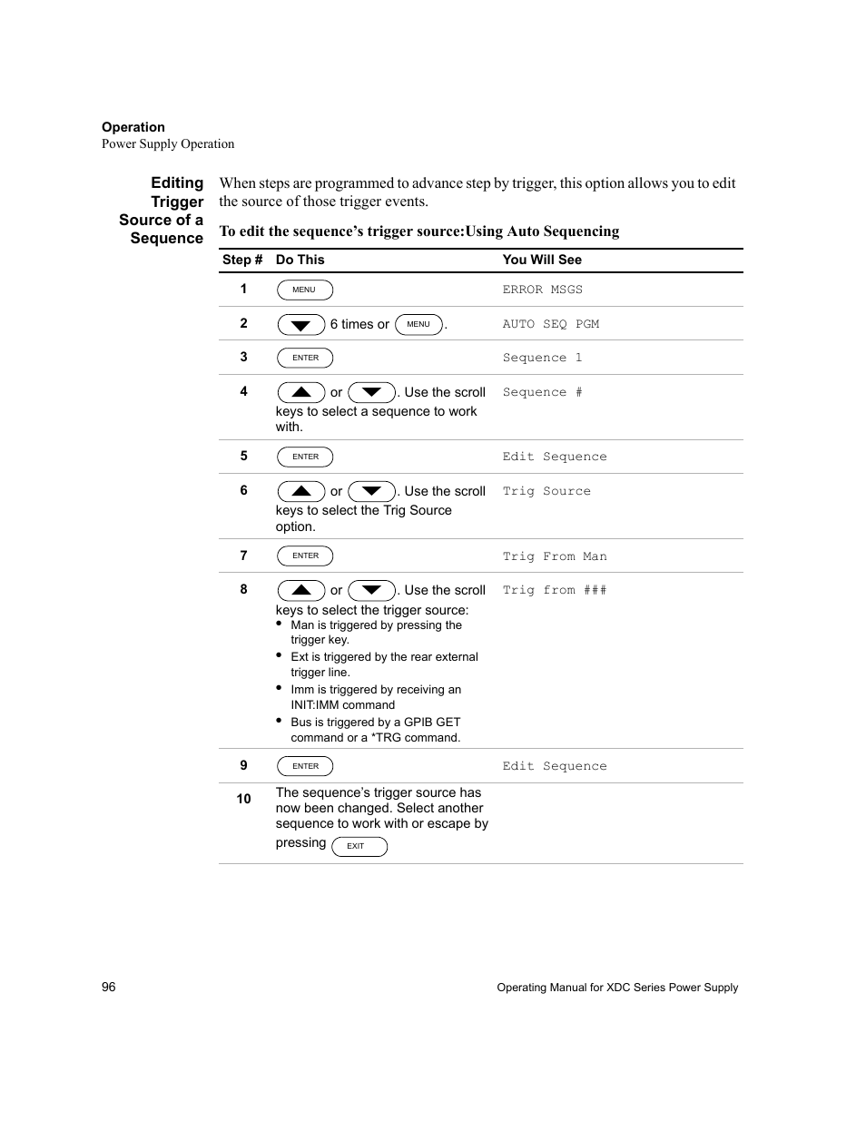 Editing trigger source of a sequence, Editing | Xantrex Technology XDC User Manual | Page 98 / 254