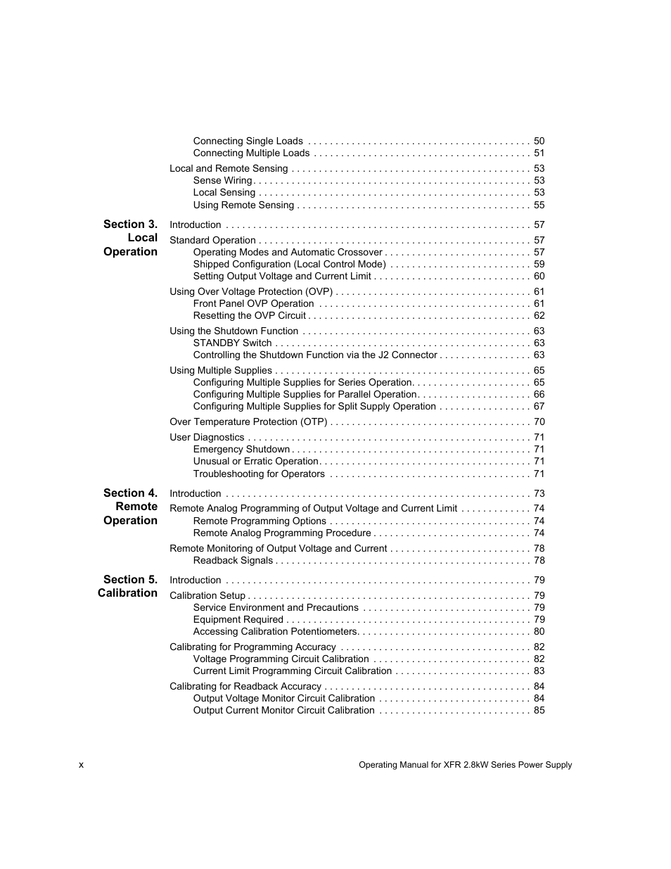 Section 3. local operation, Section 4. remote operation, Section 5. calibration | Xantrex Technology XFR 2800 User Manual | Page 12 / 90
