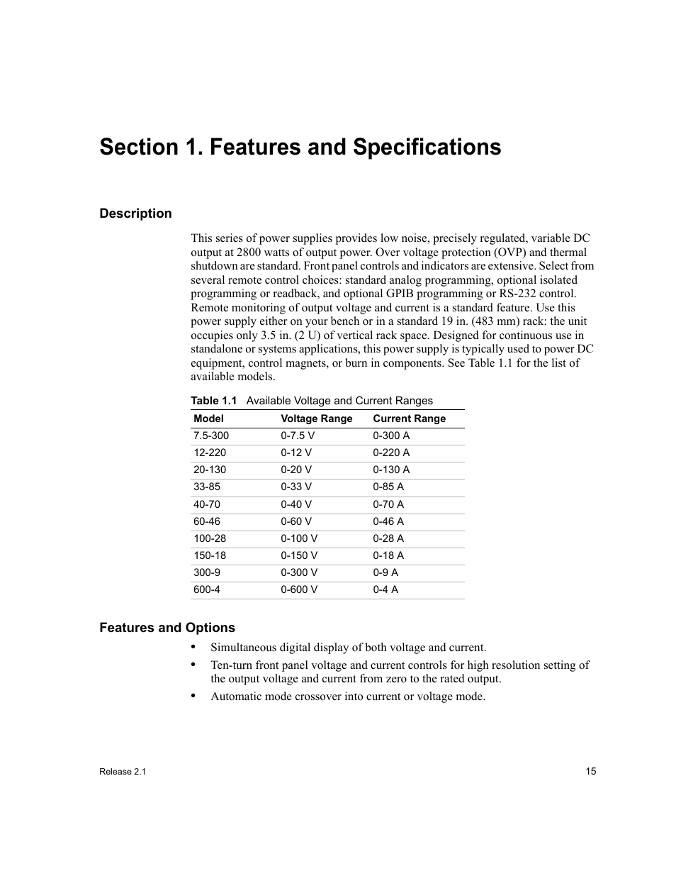 Section 1. features and specifications, Description, Features and options | Section 1 features and specifications, Section 1, Table 1.1 | Xantrex Technology XFR 2800 User Manual | Page 17 / 90