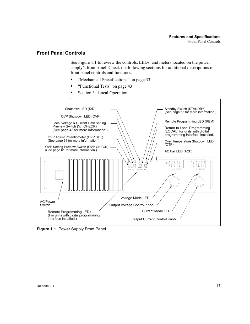 Front panel controls, Figure 1.1 power supply front panel, Figure 1.1 | Power supply front panel, Mechanical specifications” on page 33, Functional tests” on page 43 | Xantrex Technology XFR 2800 User Manual | Page 19 / 90