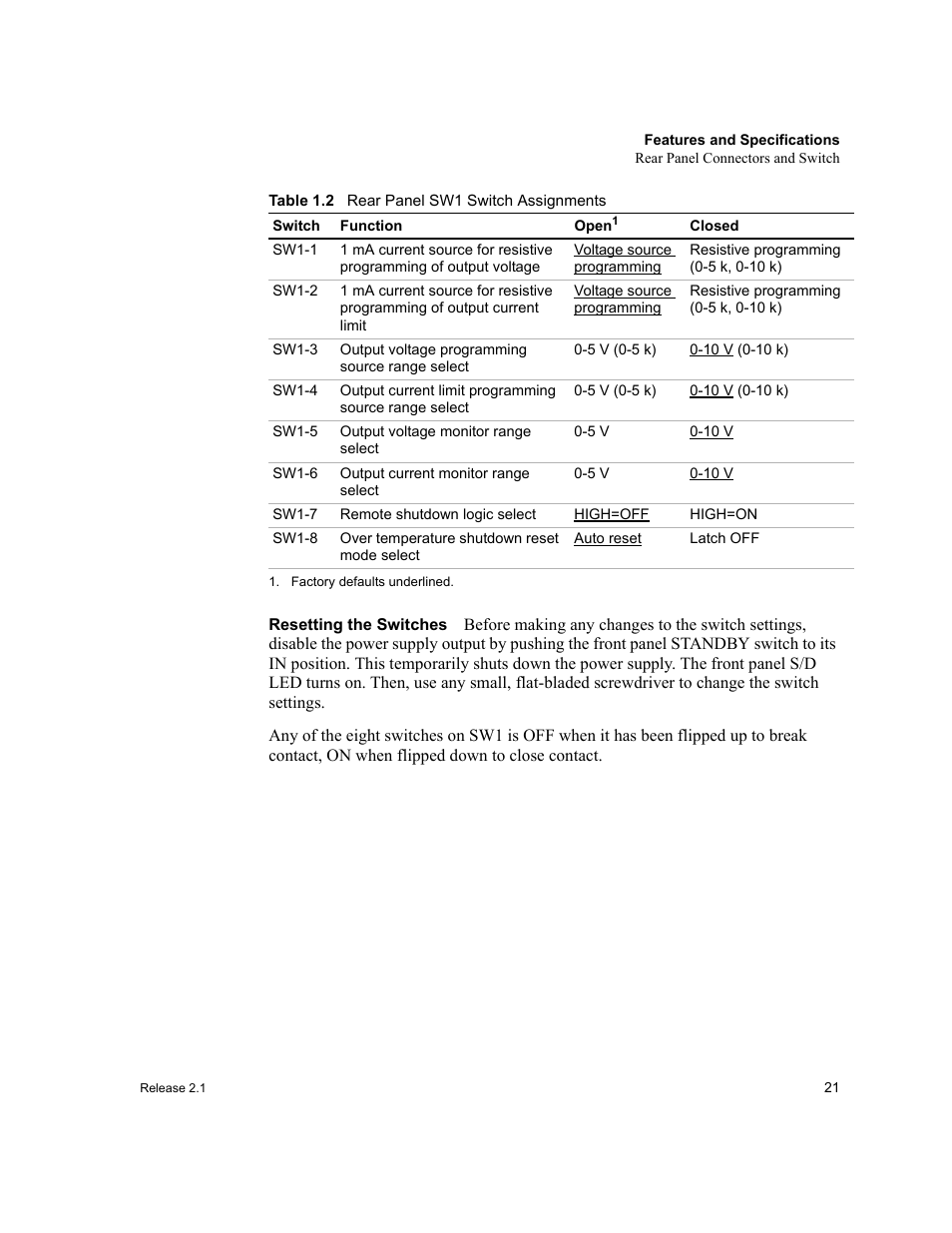 Resetting the switches, Table 1.2 | Xantrex Technology XFR 2800 User Manual | Page 23 / 90