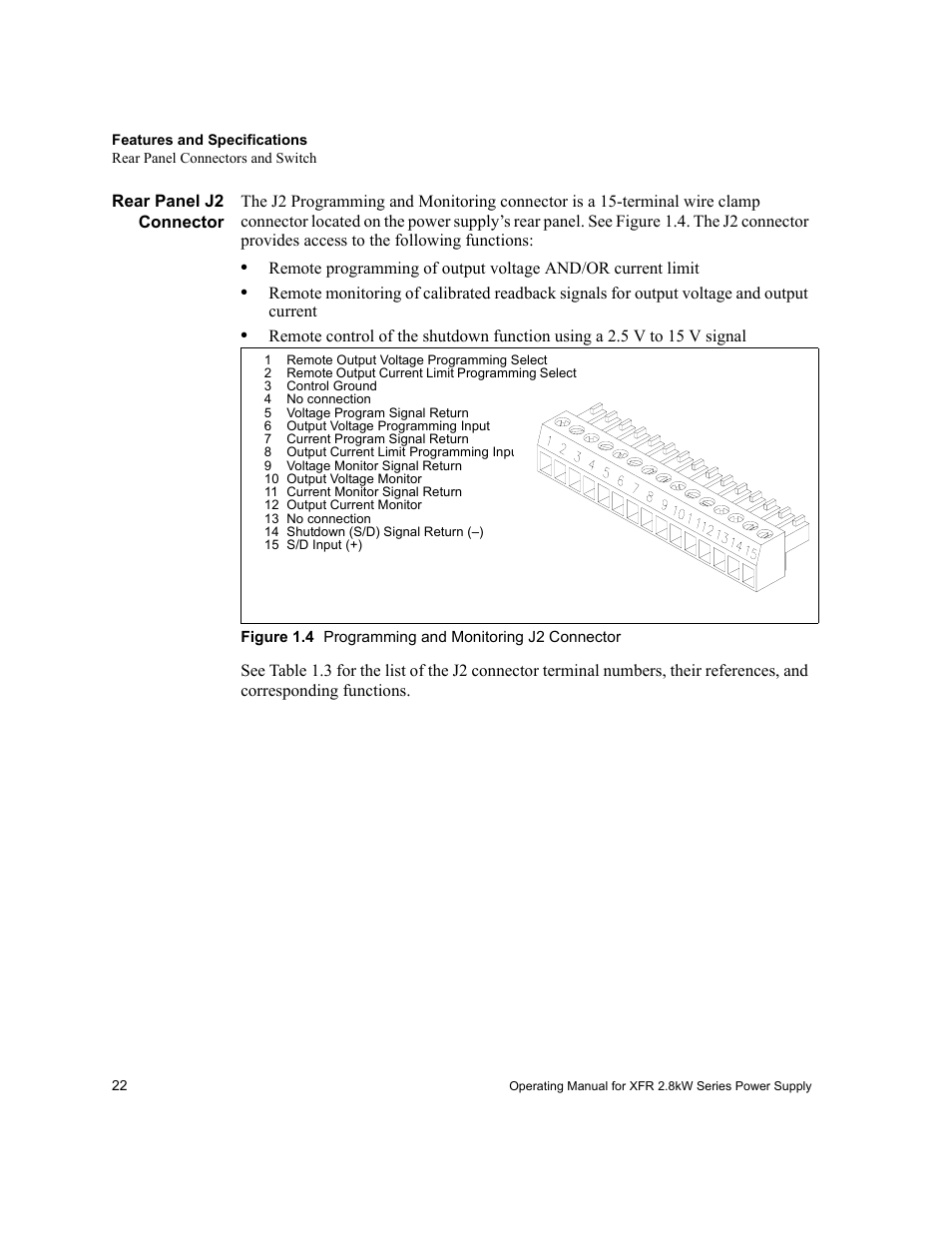 Rear panel j2 connector, 1 remote output voltage programming select, 2 remote output current limit programming select | 3 control ground, 4 no connection, 5 voltage program signal return, 6 output voltage programming input, 7 current program signal return, 8 output current limit programming input, 9 voltage monitor signal return | Xantrex Technology XFR 2800 User Manual | Page 24 / 90