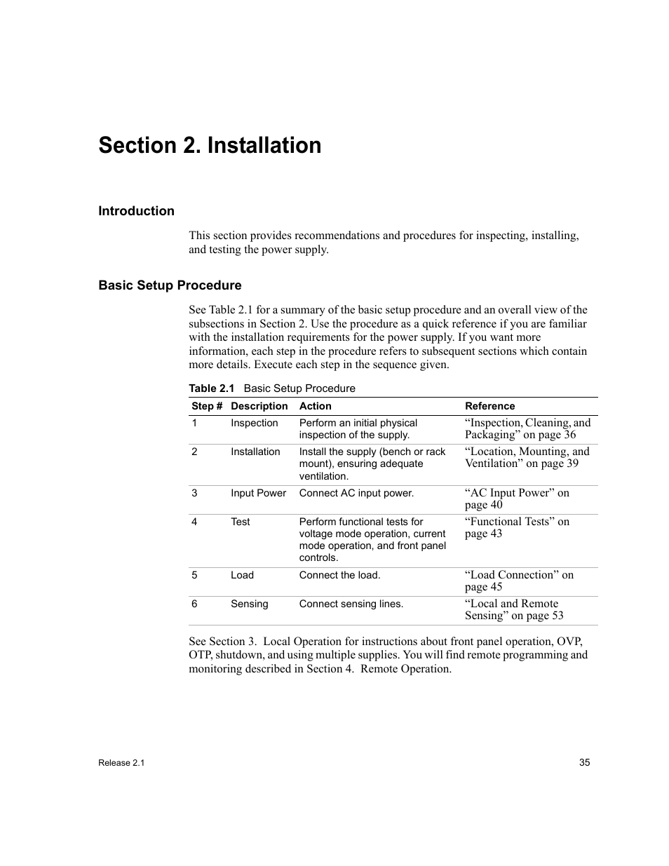 Section 2. installation, Introduction, Basic setup procedure | Section 2 installation, Section 2, Introduction basic setup procedure, Table 2.1 | Xantrex Technology XFR 2800 User Manual | Page 37 / 90