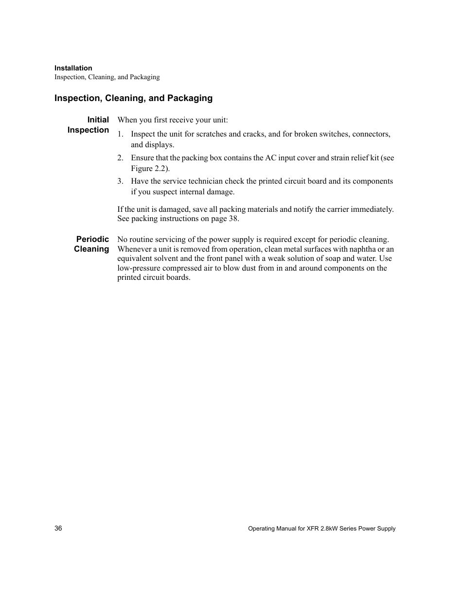 Inspection, cleaning, and packaging, Initial inspection, Periodic cleaning | Initial inspection periodic cleaning, Inspection, cleaning, and | Xantrex Technology XFR 2800 User Manual | Page 38 / 90