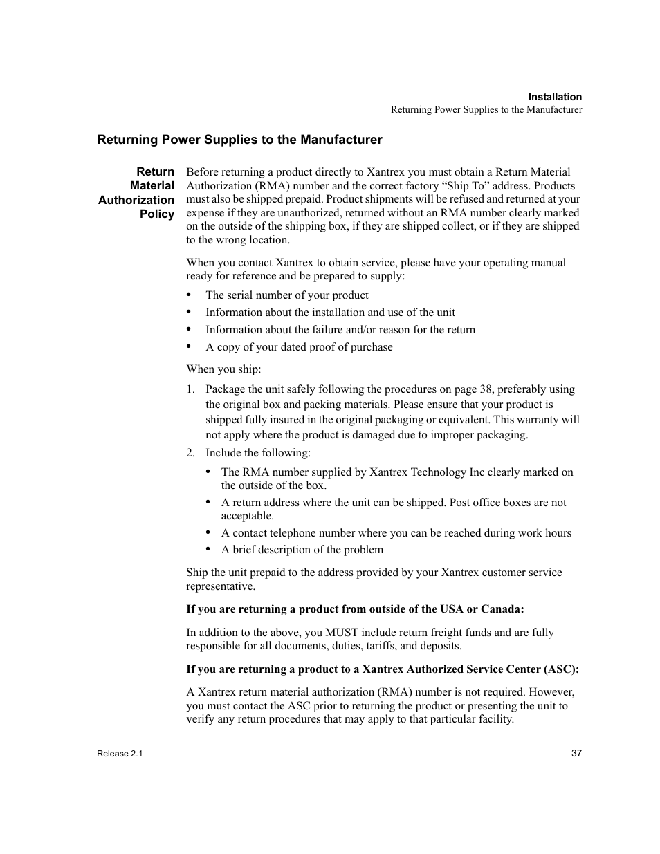 Returning power supplies to the manufacturer, Return material authorization policy, Include the following | Xantrex Technology XFR 2800 User Manual | Page 39 / 90