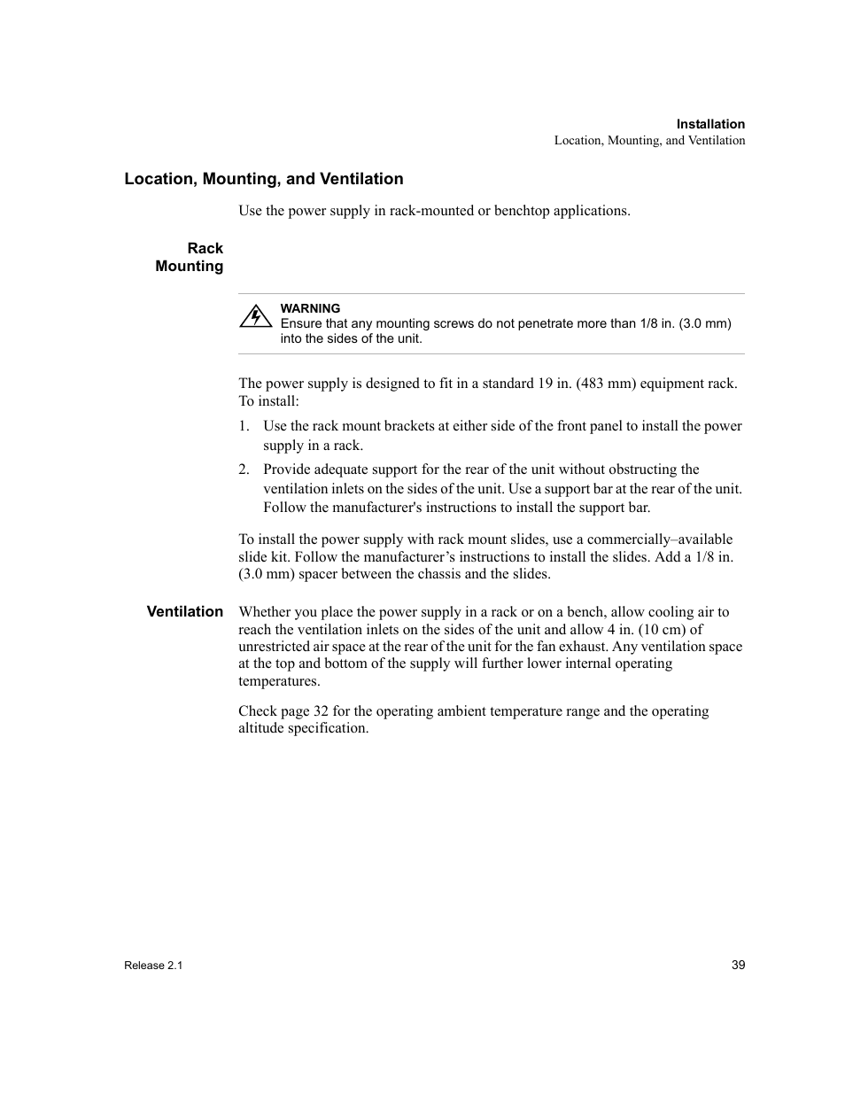 Location, mounting, and ventilation, Rack mounting, Ventilation | Rack mounting ventilation, Location, mounting, and | Xantrex Technology XFR 2800 User Manual | Page 41 / 90