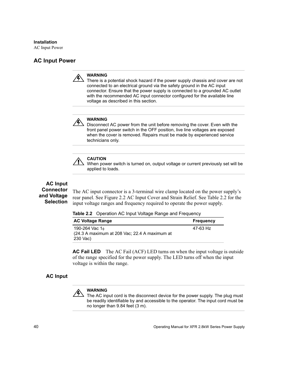 Ac input power, Ac input connector and voltage selection, Ac fail led | Ac input cord, Table 2.2, Ac input power” on | Xantrex Technology XFR 2800 User Manual | Page 42 / 90