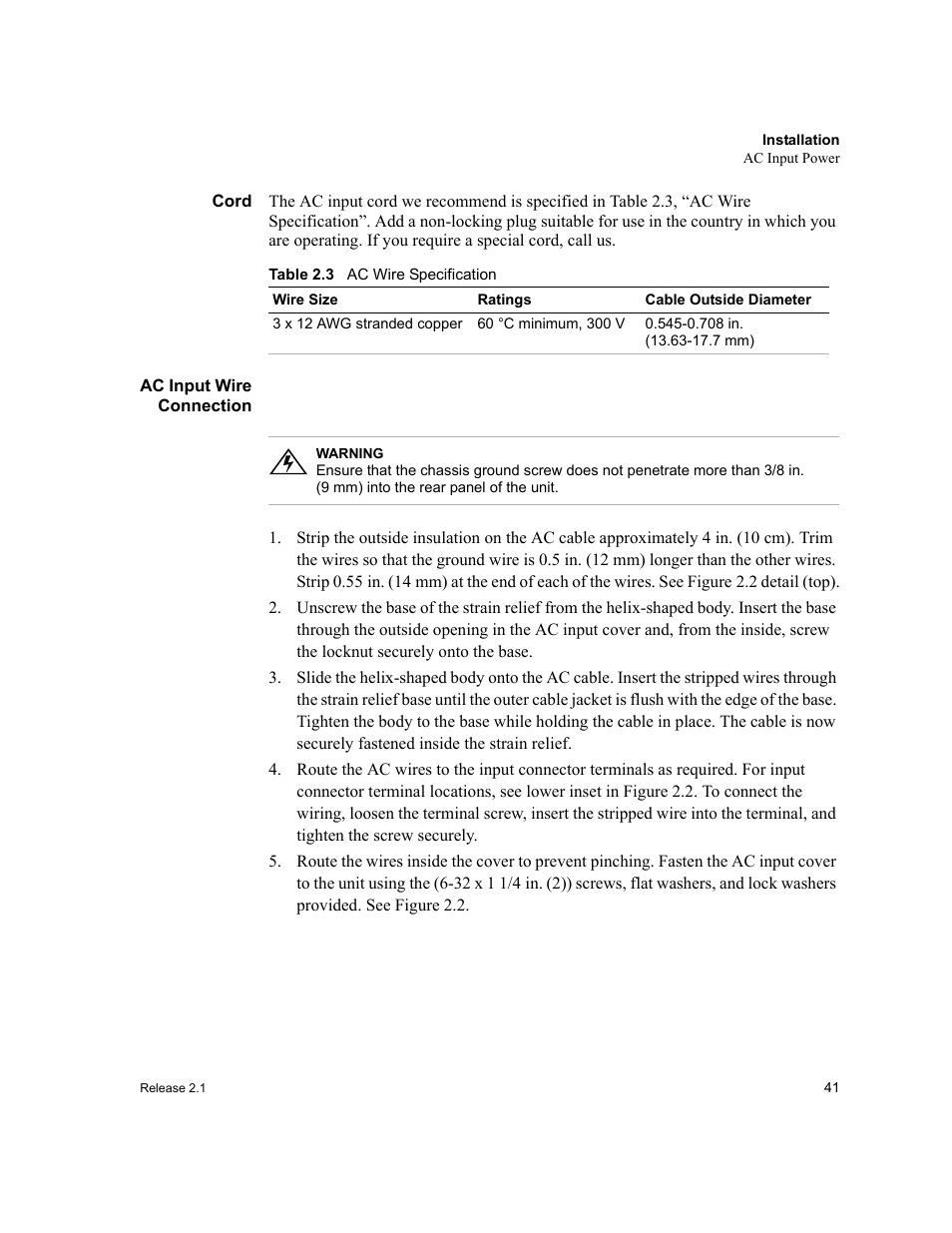 Ac input wire connection, Table 2.3 | Xantrex Technology XFR 2800 User Manual | Page 43 / 90