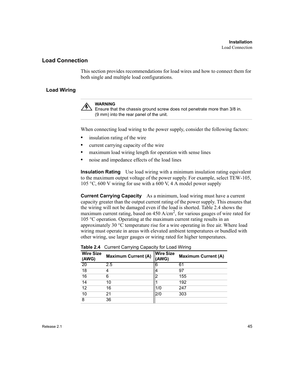 Load connection, Load wiring, Insulation rating | Current carrying capacity, Table 2.4, Current carrying capacity for load wiring, Load connection” on | Xantrex Technology XFR 2800 User Manual | Page 47 / 90