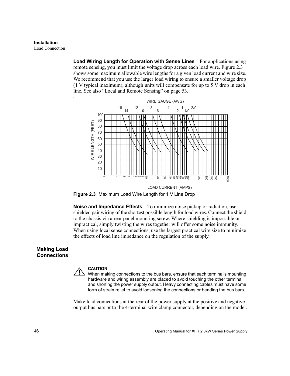 Load wiring length for operation with sense lines, Noise and impedance effects, Making load connections | Figure 2.3, Maximum load wire length for 1 v line drop | Xantrex Technology XFR 2800 User Manual | Page 48 / 90