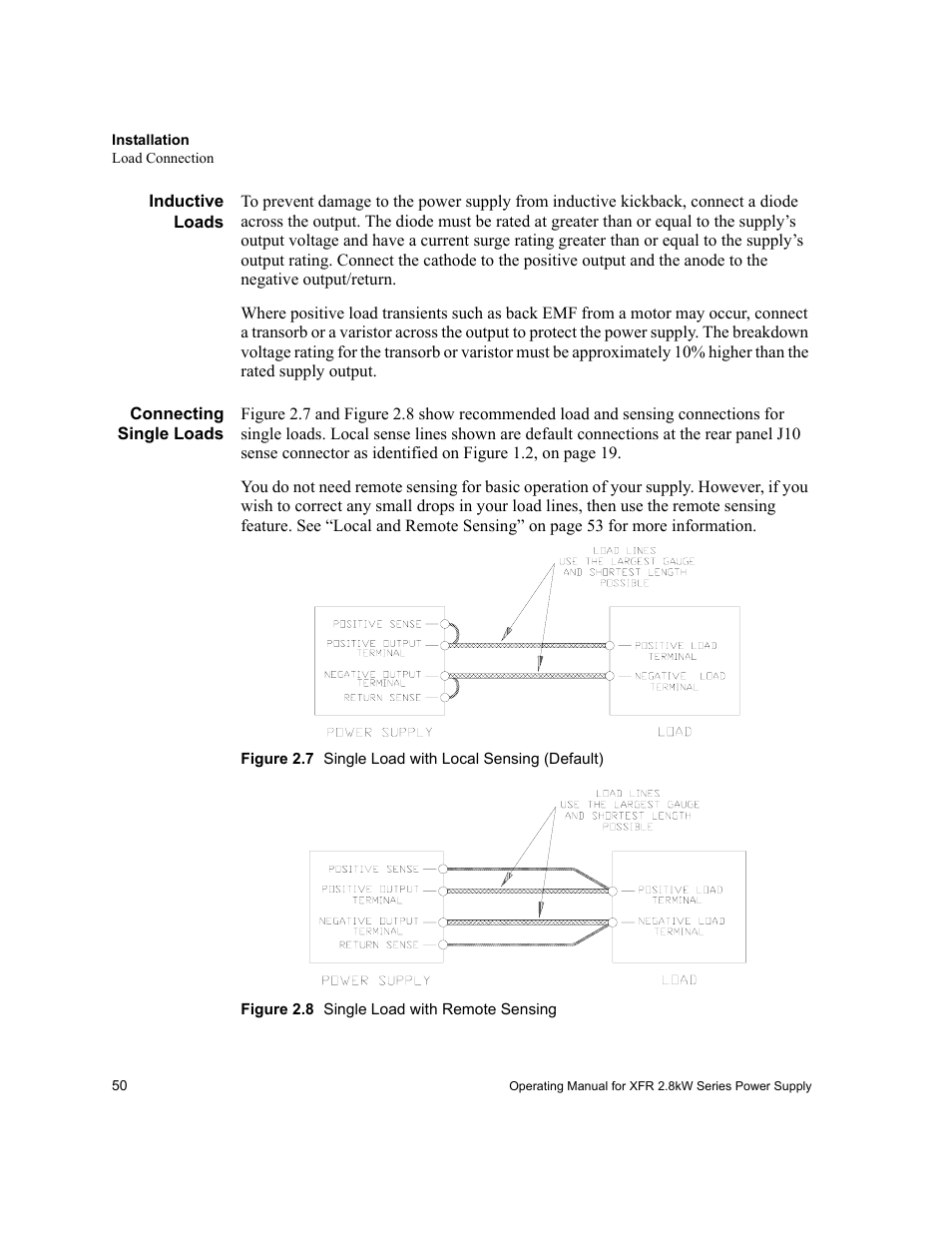 Inductive loads, Connecting single loads, Figure 2.8 single load with remote sensing | Figure 2.7, Figure 2.8 | Xantrex Technology XFR 2800 User Manual | Page 52 / 90