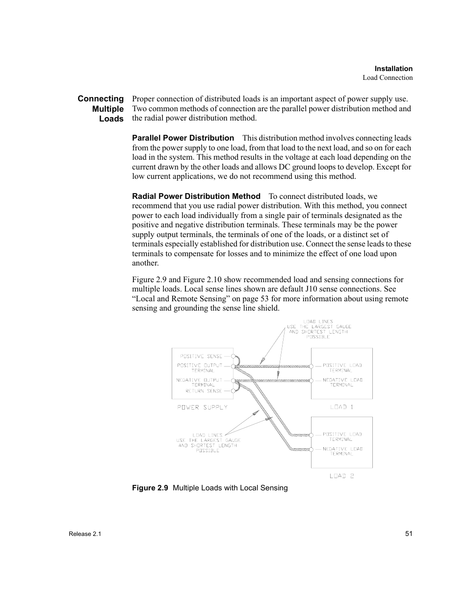 Connecting multiple loads, Parallel power distribution, Radial power distribution method | Figure 2.9 multiple loads with local sensing, Figure 2.9 | Xantrex Technology XFR 2800 User Manual | Page 53 / 90