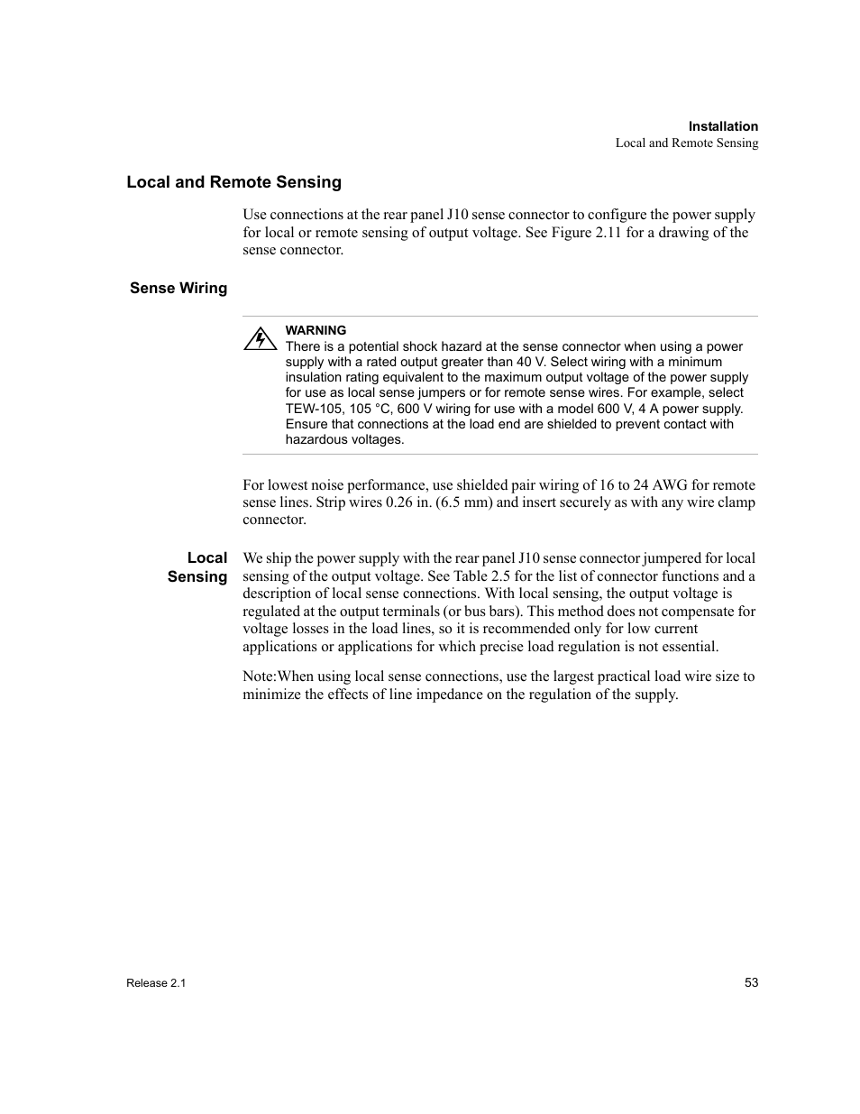 Local and remote sensing, Sense wiring, Local sensing | Sense wiring local sensing, Local and remote | Xantrex Technology XFR 2800 User Manual | Page 55 / 90