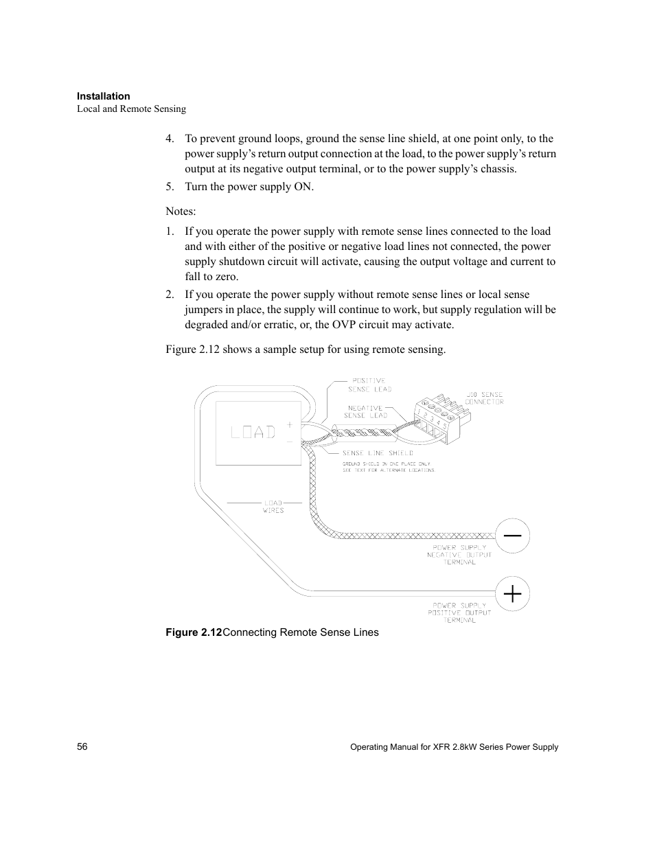 Turn the power supply on, Figure 2.12 connecting remote sense lines, Figure 2.12 | Xantrex Technology XFR 2800 User Manual | Page 58 / 90