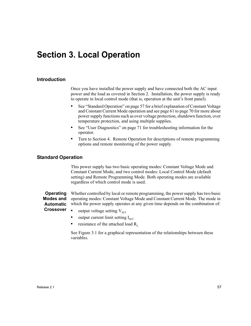 Section 3. local operation, Introduction, Standard operation | Operating modes and automatic crossover, Section 3 local operation, Section 3, Local, Operation, Introduction standard operation, Section 3. local operation | Xantrex Technology XFR 2800 User Manual | Page 59 / 90