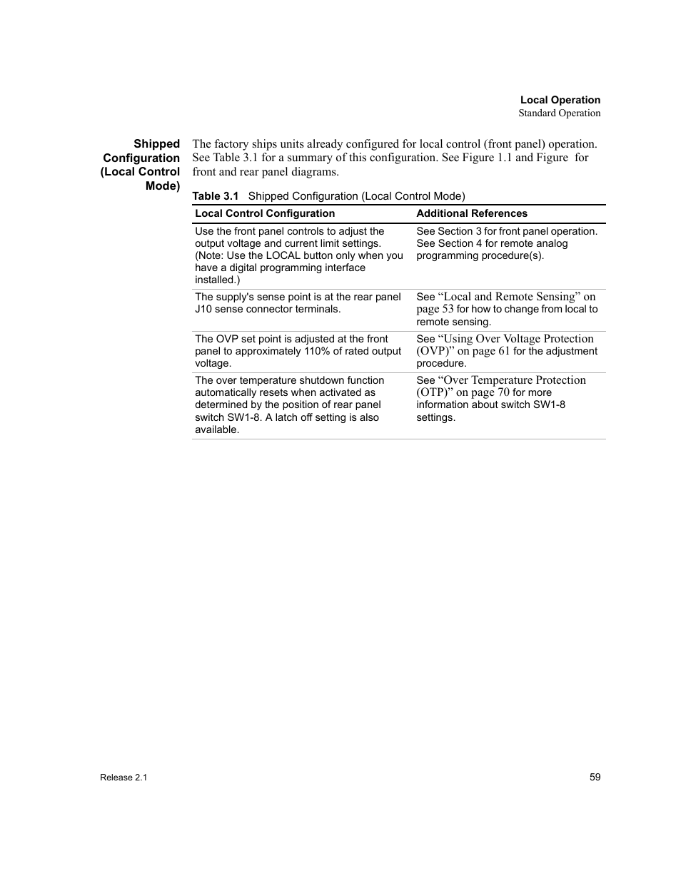 Shipped configuration (local control mode), Table 3.1 | Xantrex Technology XFR 2800 User Manual | Page 61 / 90