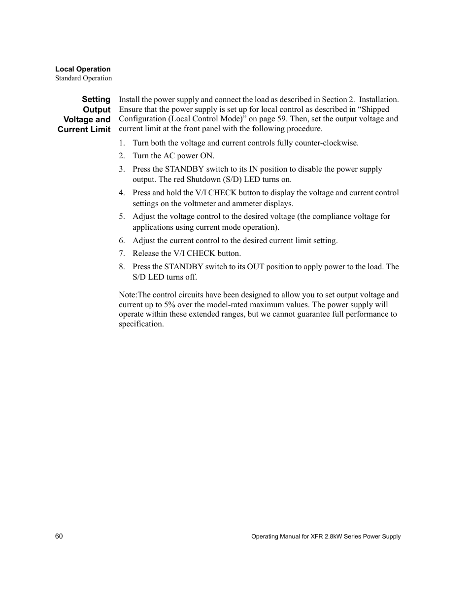 Setting output voltage and current limit, Turn the ac power on, Release the v/i check button | Xantrex Technology XFR 2800 User Manual | Page 62 / 90