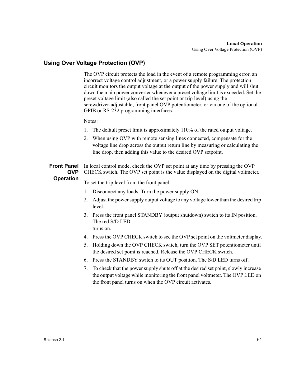 Using over voltage protection (ovp), Front panel ovp operation, Disconnect any loads. turn the power supply on | Using over voltage protection | Xantrex Technology XFR 2800 User Manual | Page 63 / 90