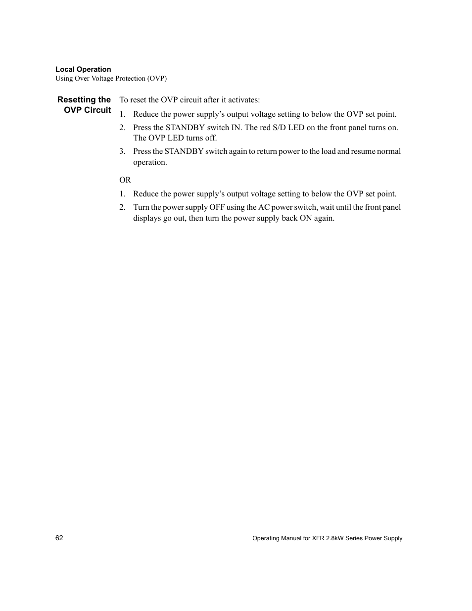 Resetting the ovp circuit | Xantrex Technology XFR 2800 User Manual | Page 64 / 90