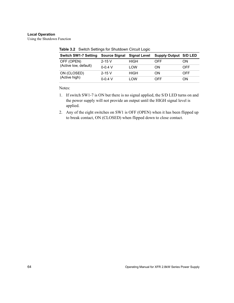 Table 3.2, Switch settings for shutdown circuit logic, Out in table 3.2 | Column in table 3.2 | Xantrex Technology XFR 2800 User Manual | Page 66 / 90