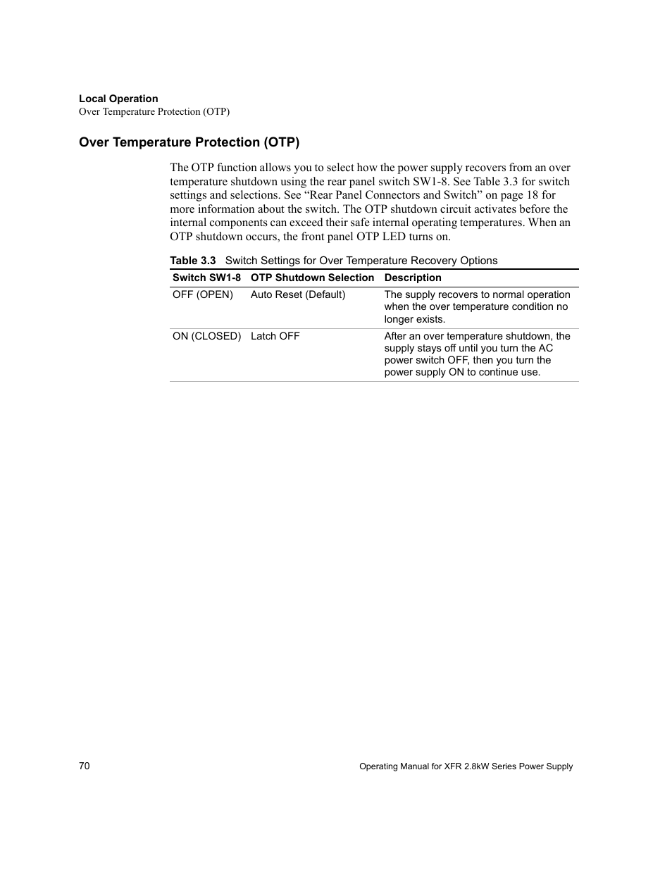 Over temperature protection (otp), Table 3.3, Over temperature protection | Xantrex Technology XFR 2800 User Manual | Page 72 / 90