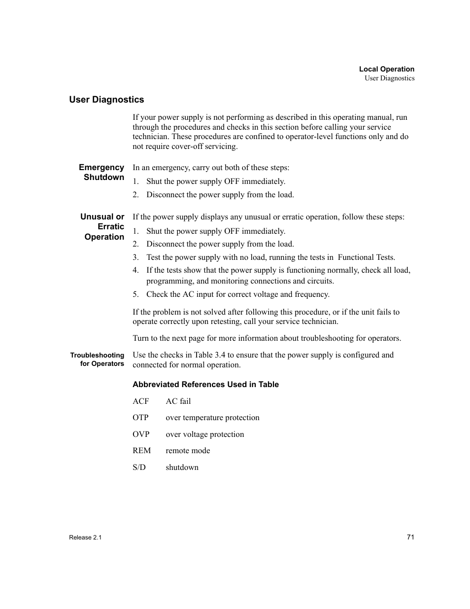 User diagnostics, Emergency shutdown, Shut the power supply off immediately | Disconnect the power supply from the load, Unusual or erratic operation, Troubleshooting for operators, Abbreviated references used in table | Xantrex Technology XFR 2800 User Manual | Page 73 / 90