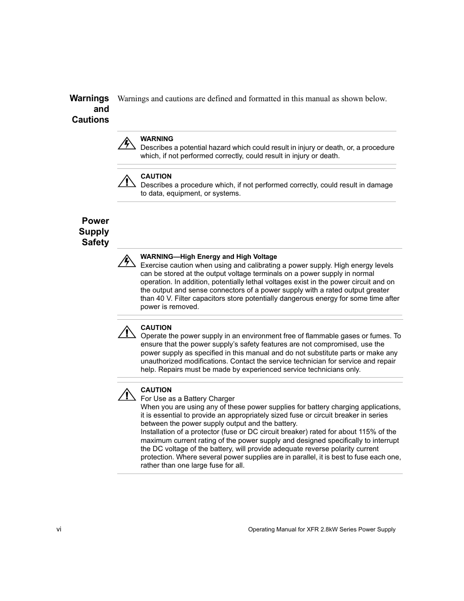 Warnings and cautions, Power supply safety | Xantrex Technology XFR 2800 User Manual | Page 8 / 90