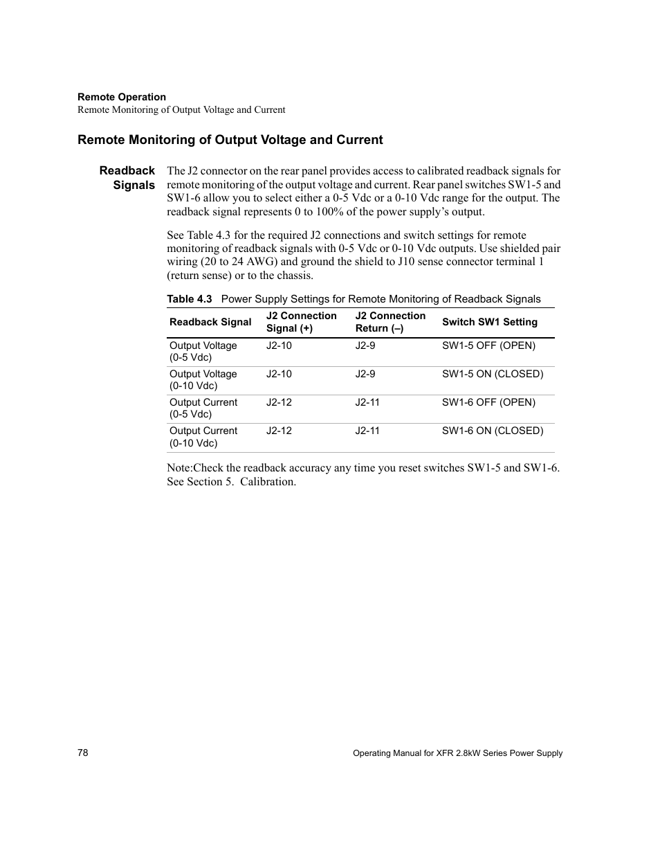 Remote monitoring of output voltage and current, Readback signals, Table 4.3 | Xantrex Technology XFR 2800 User Manual | Page 80 / 90