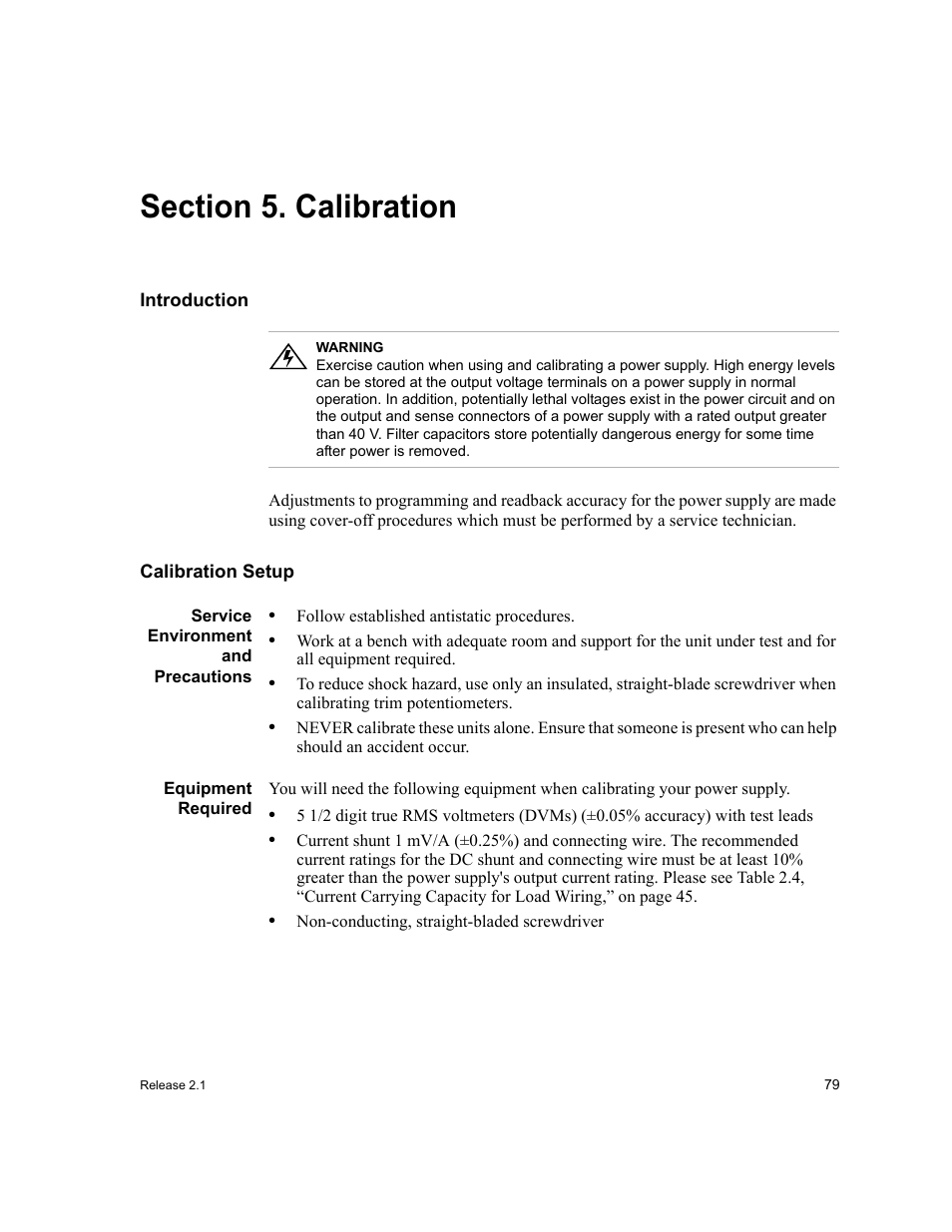 Section 5. calibration, Introduction, Calibration setup | Service environment and precautions, Equipment required, Section 5 calibration, Section 5, Introduction calibration setup | Xantrex Technology XFR 2800 User Manual | Page 81 / 90