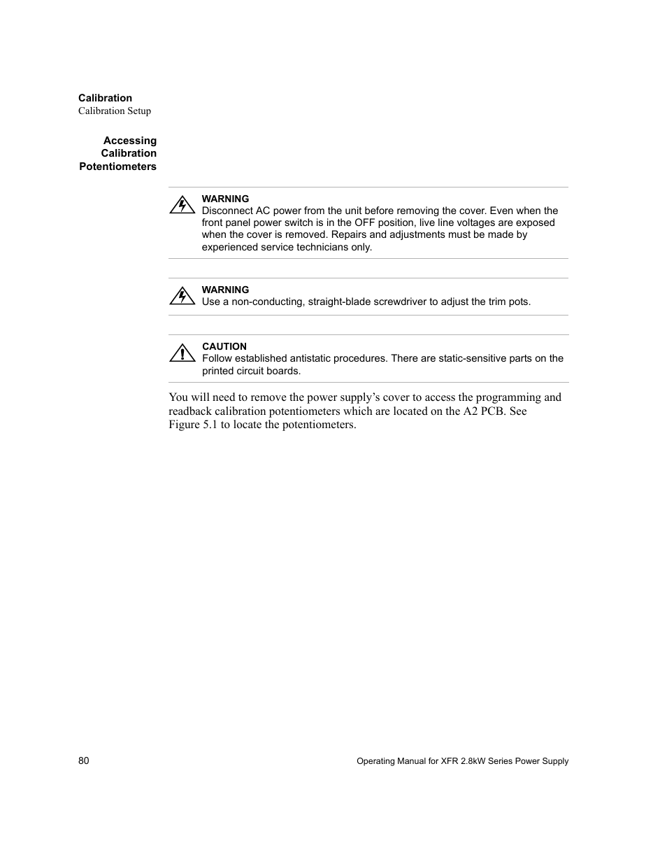 Accessing calibration potentiometers | Xantrex Technology XFR 2800 User Manual | Page 82 / 90