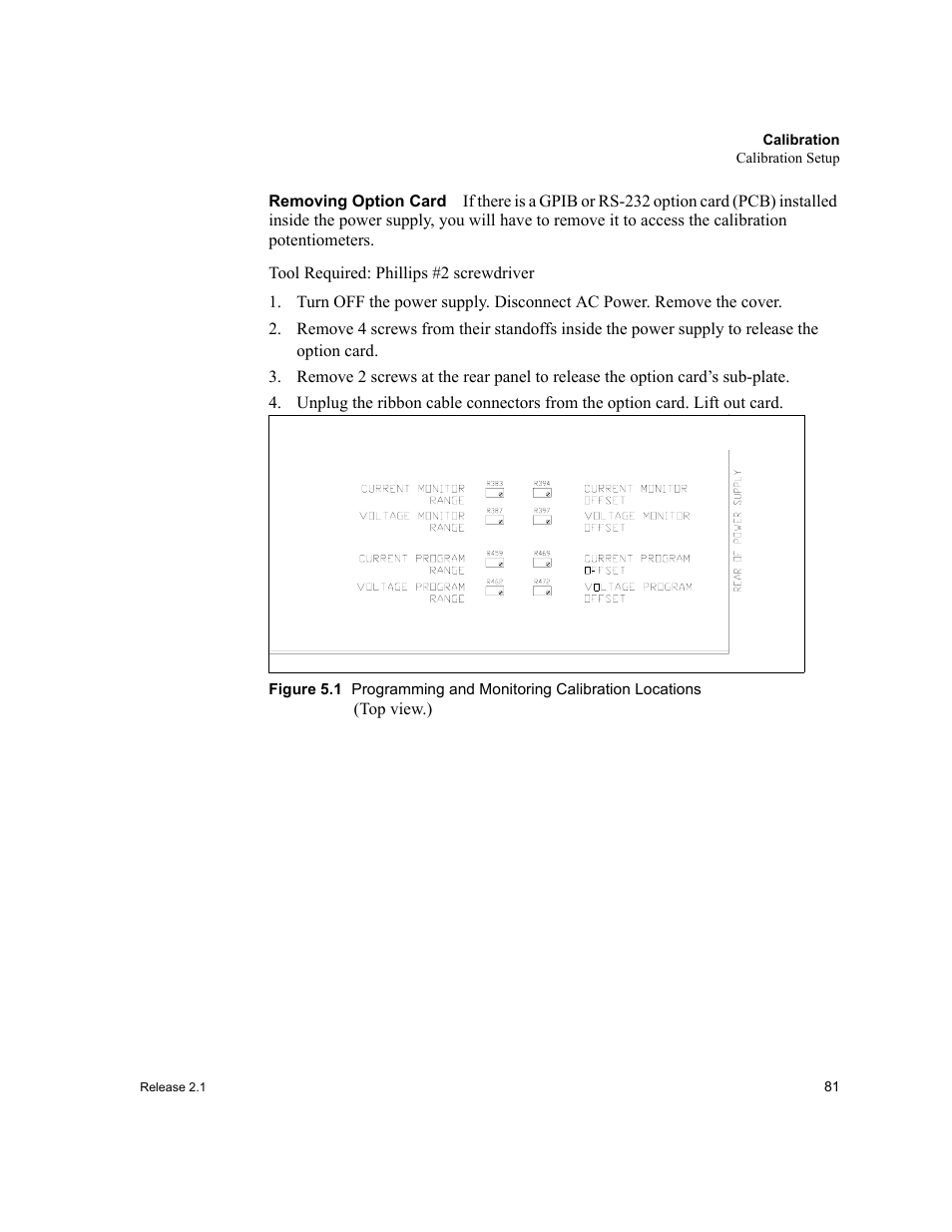 Removing option card, Figure 5.1, Programming and monitoring calibration locations | Xantrex Technology XFR 2800 User Manual | Page 83 / 90