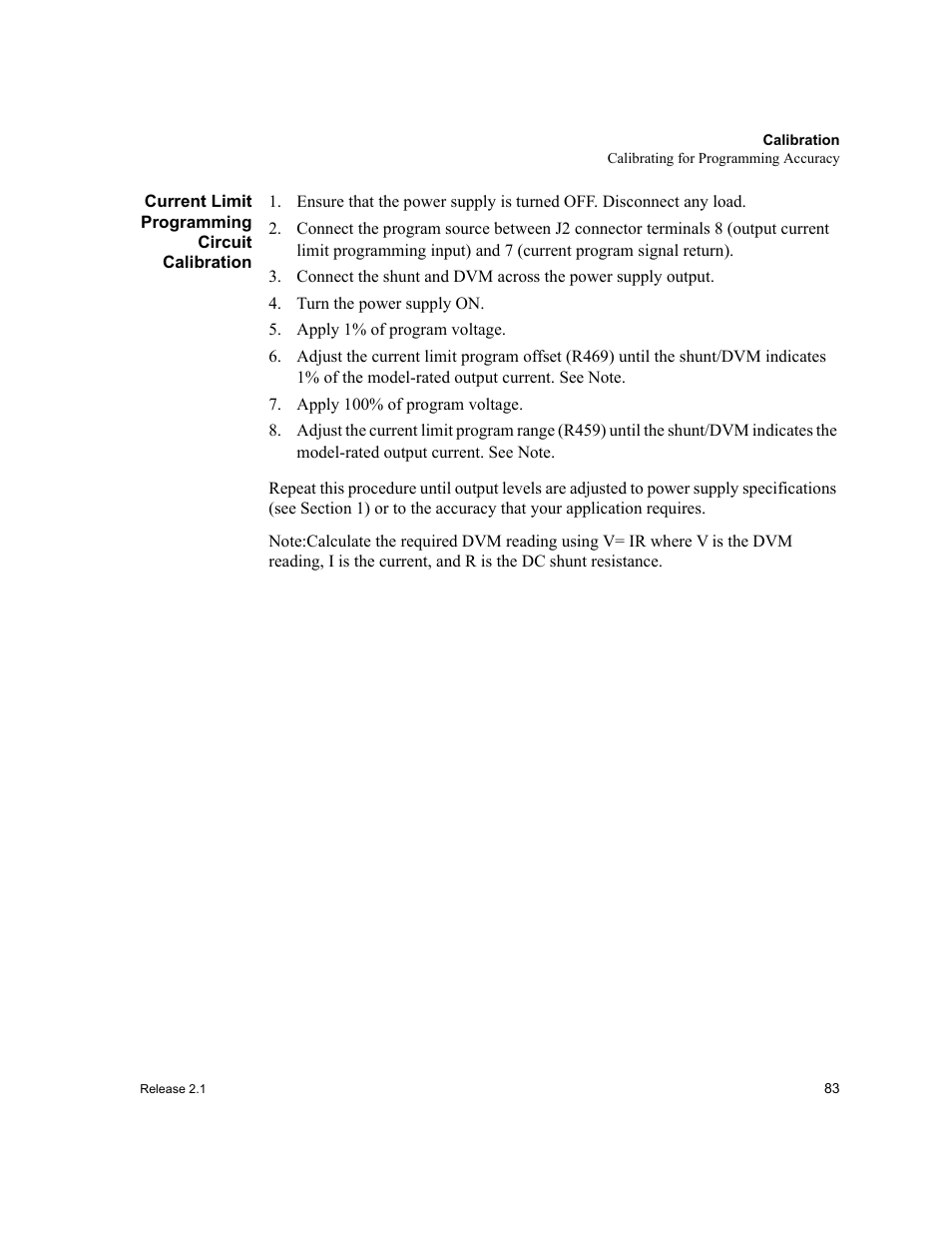Current limit programming circuit calibration, Turn the power supply on, Apply 1% of program voltage | Apply 100% of program voltage | Xantrex Technology XFR 2800 User Manual | Page 85 / 90