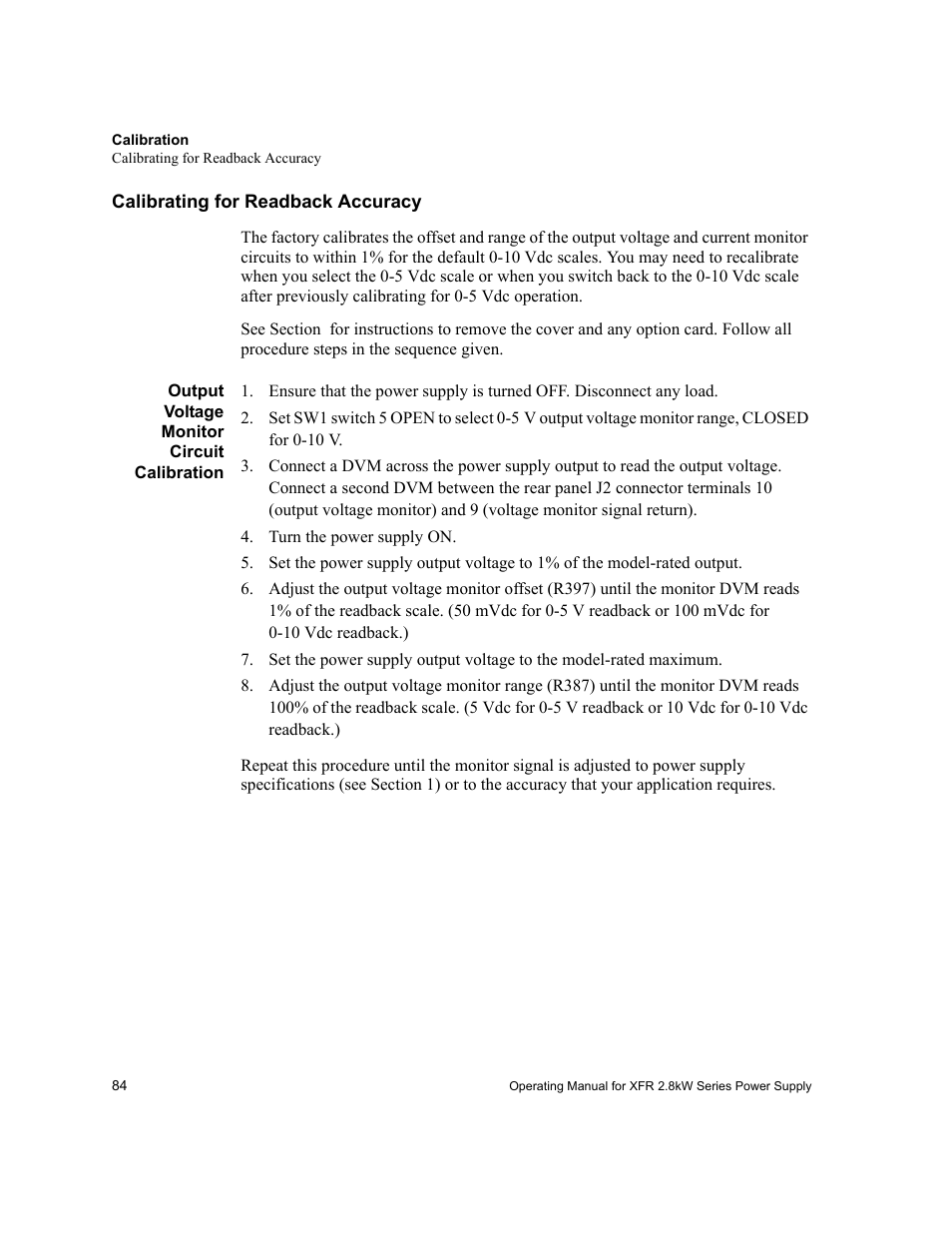 Calibrating for readback accuracy, Output voltage monitor circuit calibration, Turn the power supply on | Xantrex Technology XFR 2800 User Manual | Page 86 / 90