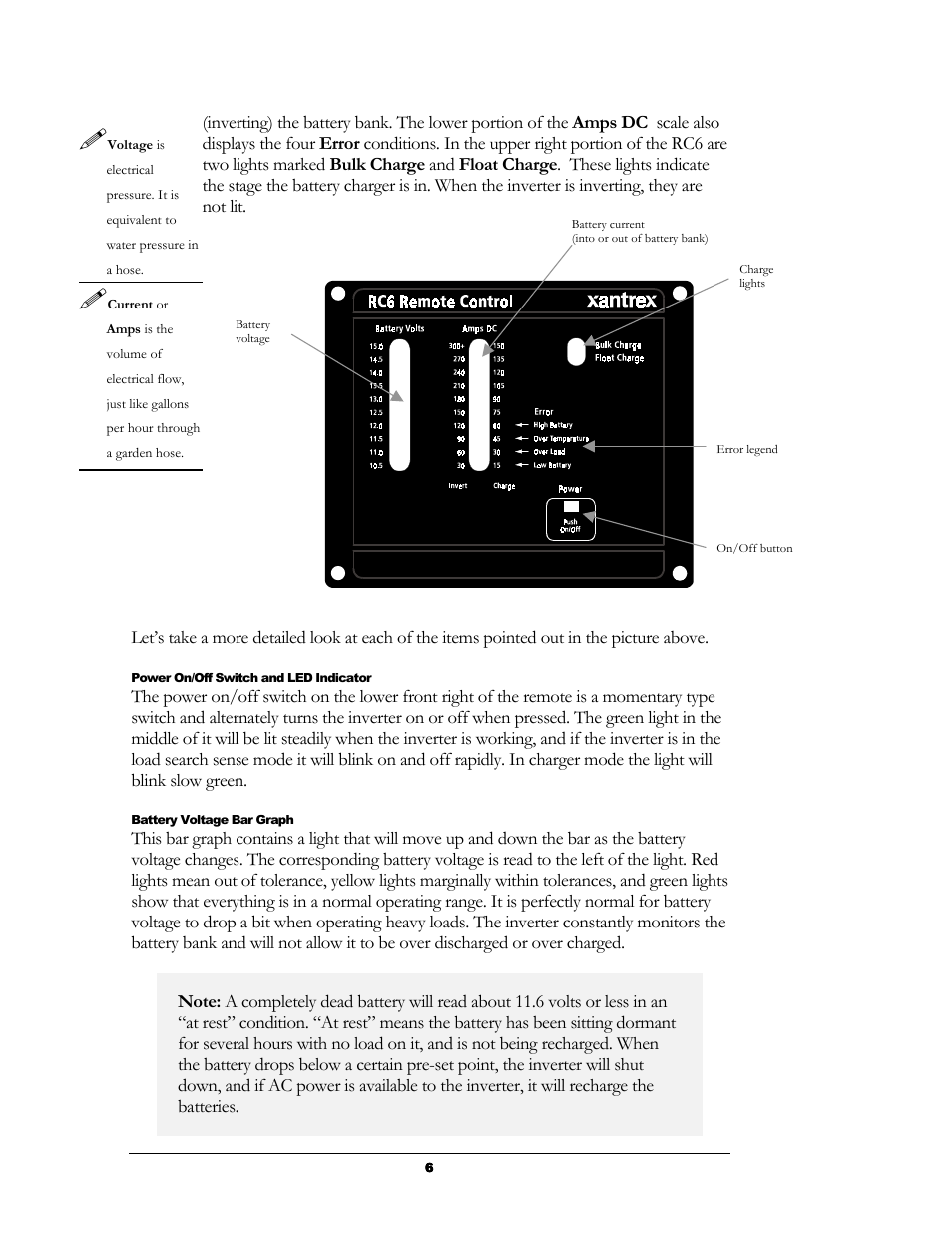 Power on/off switch and led indicator, Battery voltage bar graph | Xantrex Technology RC6 User Manual | Page 7 / 16