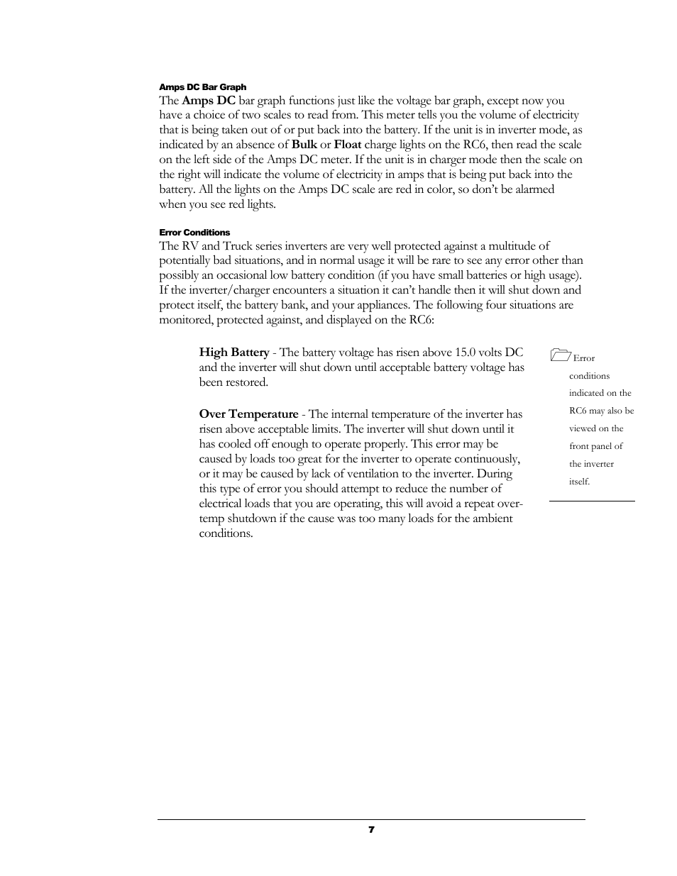 Amps dc bar graph, Error conditions, Amps dc bar graph error conditions | Xantrex Technology RC6 User Manual | Page 8 / 16