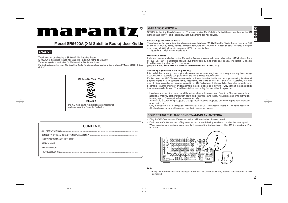XM Satellite Radio SR9600A User Manual | 6 pages